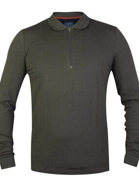 Guide London Olive Green Solid Jersey Knit Front Zip Long Sleeve Polo/3011